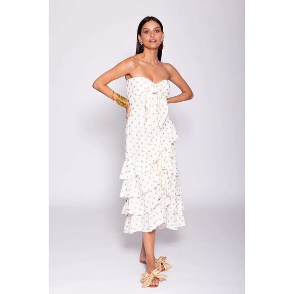 Sundress Dresses & Skirts - Sundress Women Ilanila Dress Small Tiered Ruffle Midi Dress Gold Cottagecore